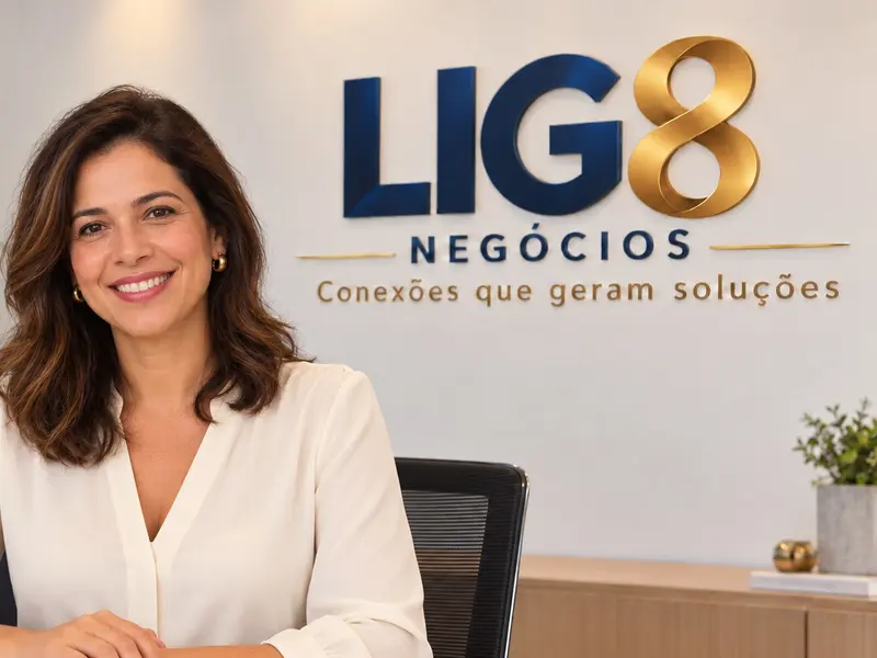 Mulher sorrindo em frente à parede com a logo Lig8 Negócios, Conexões que geram soluções