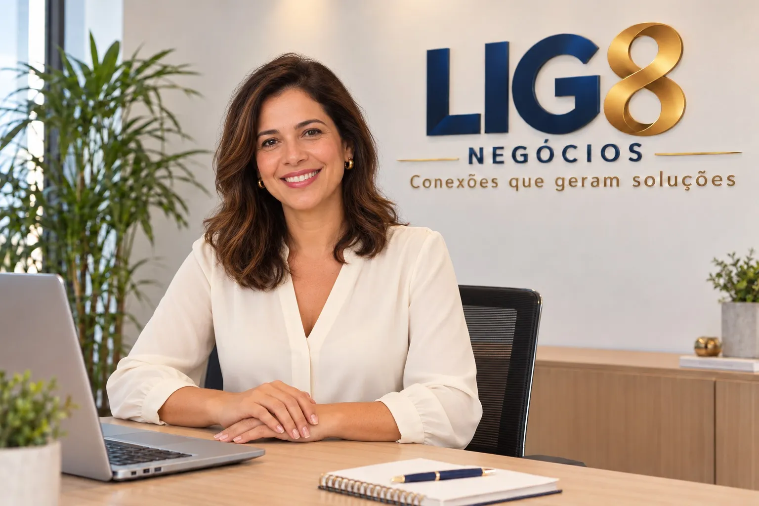 Mulher sorrindo numa mesa de escritório com notebook, em frente à parede com a logo da Lig8